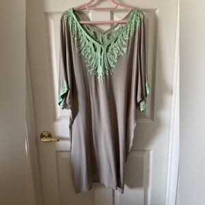 Tashia Taupe & Mint Coral Bead Embroidered 100% Silk Tunic Cover Up Medium